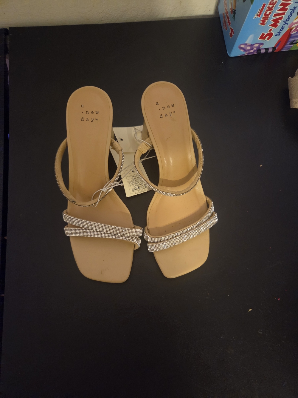 a new day Tan Rhinestone Strap Slide Heels